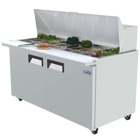 Koolmore Stainless Steel Refrigerated Food Prep Station Table Two Doors with Hood Cover with Mega Top Surface SPTR-2D-15C-LT